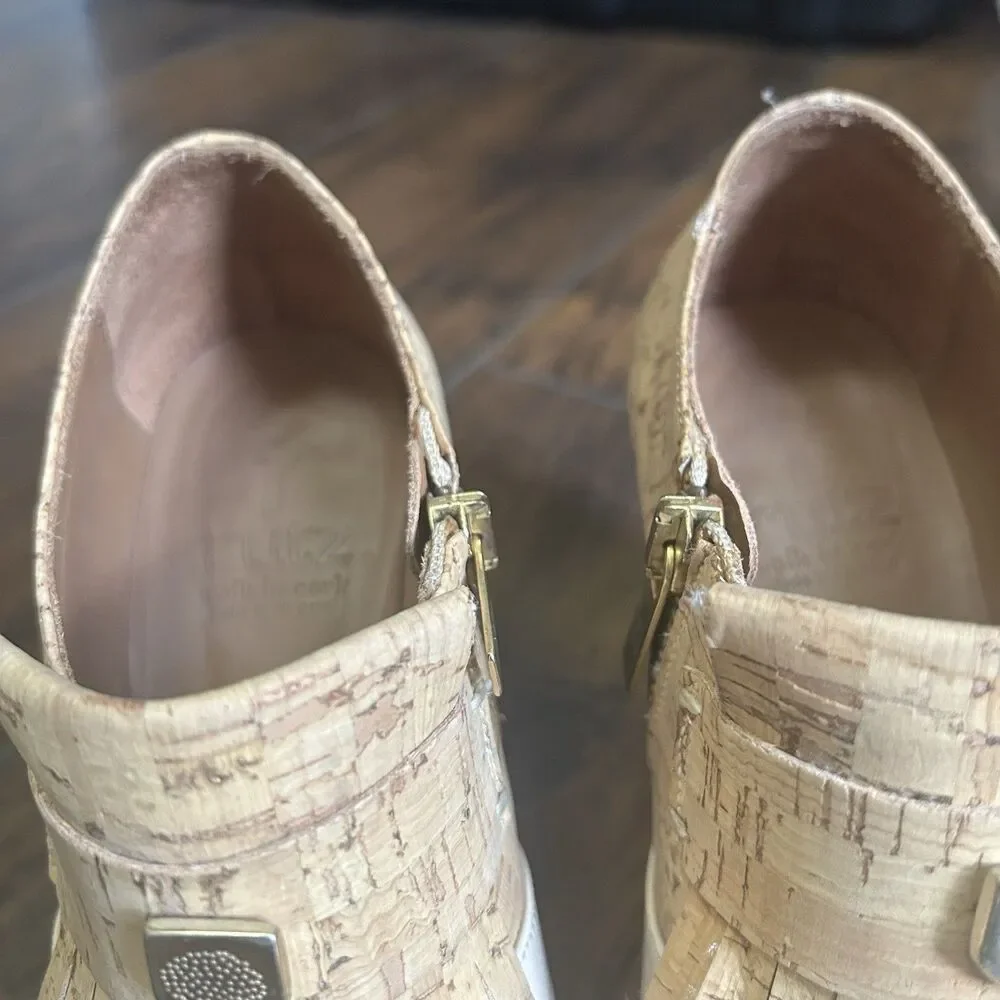 Rutz Walk in Cork Ankle Heel Boots Tan Fringe Womens 36 Side Zip